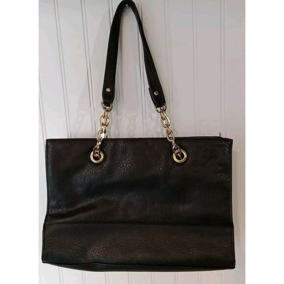 Bueno Black‎ Leather Handbag Purse Double Chain & Leather Strap Handle - Picture 1 of 7